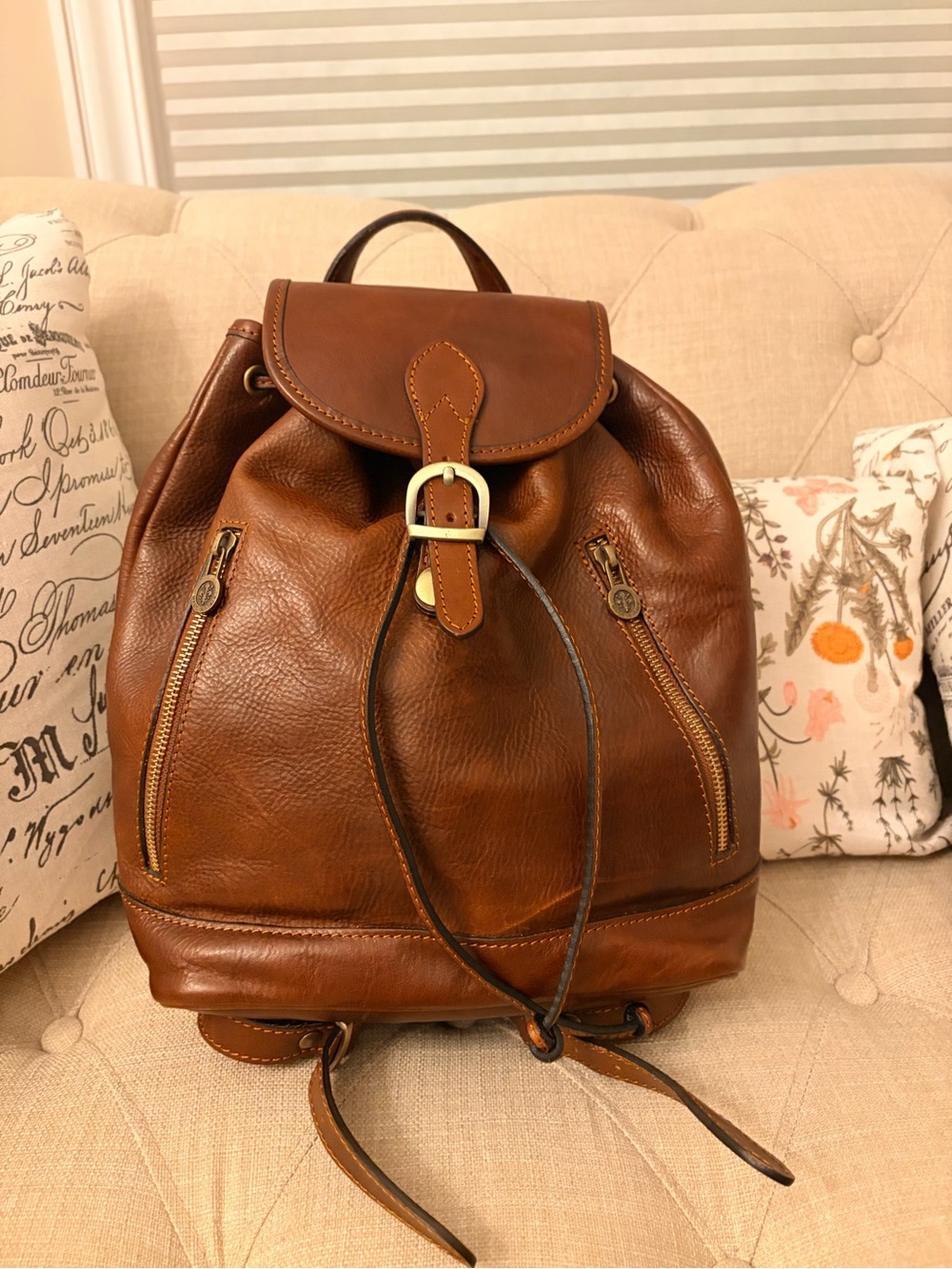 Brown Leather Drawstring Backpack with Buckle Flap
